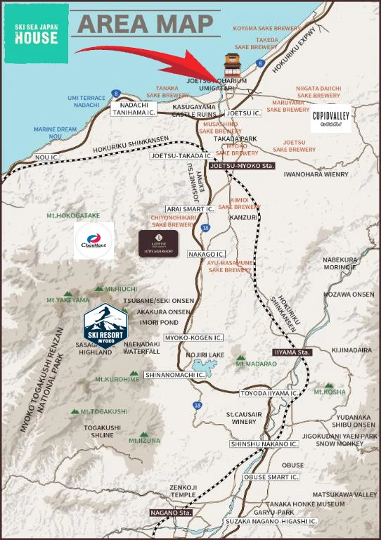 Ski Resorts near Joetsu, Japan. Ski Sea Japan House. Japan ski resorts near the sea.